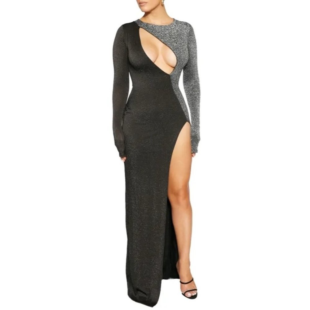 Naked Wardrobe Colorblock Cutout Long Sleeve Maxi Dress In Black X-Small - Picture 1 of 7